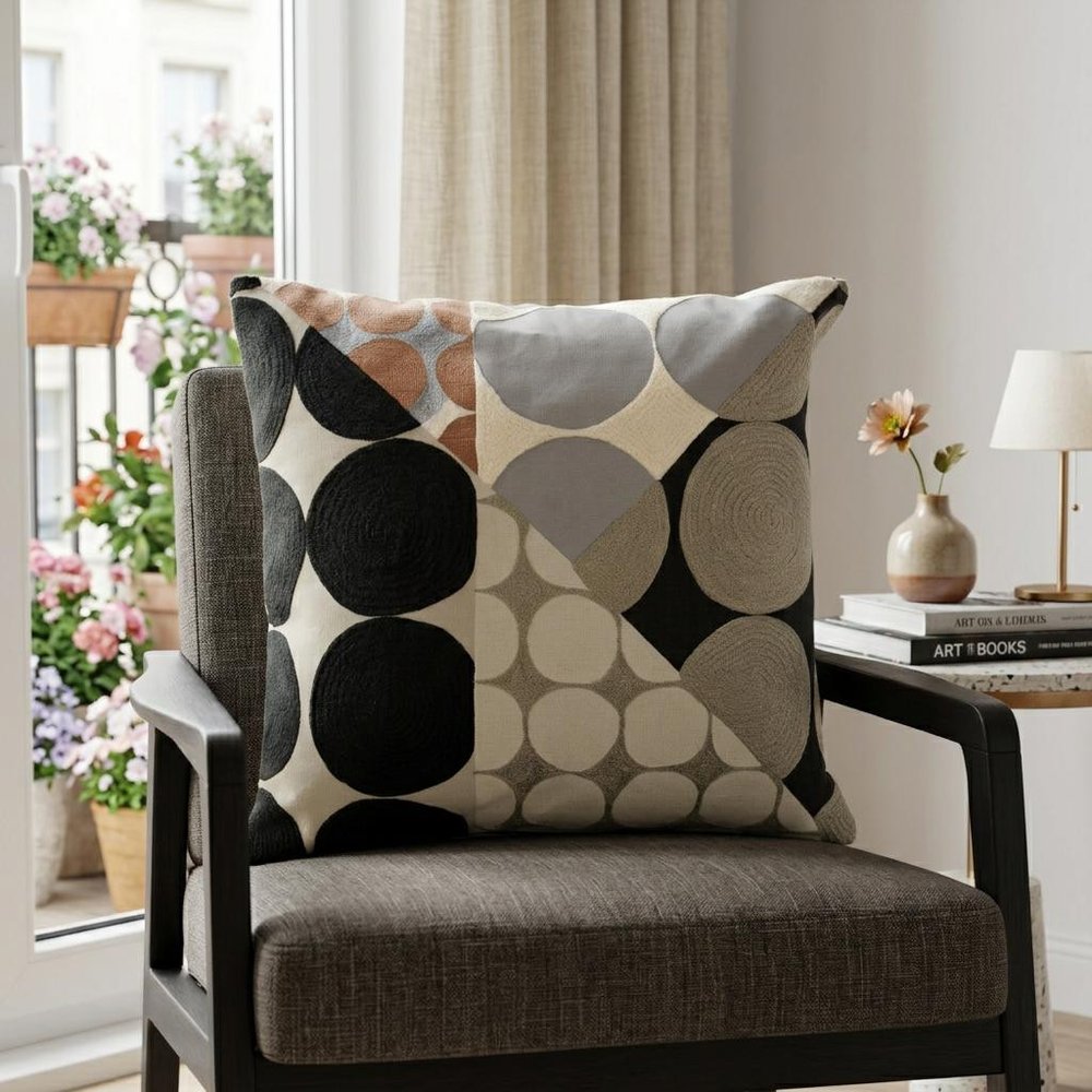 24" Beige and Black Geometric Cotton Throw Pillow With Embroidery — view 1