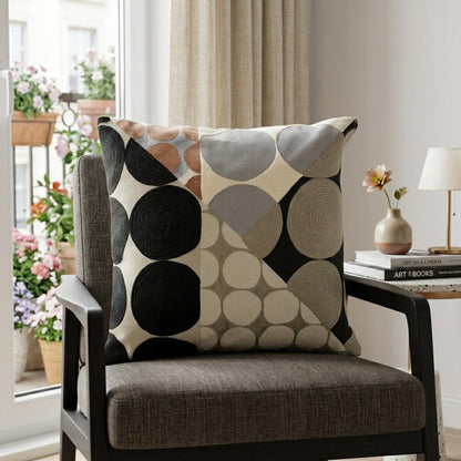 24" Beige and Black Geometric Cotton Throw Pillow With Embroidery HomeRoots