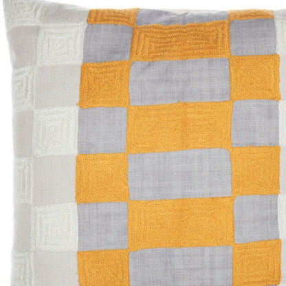20" Yellow and Gray Check Throw Pillow With Embroidery HomeRoots