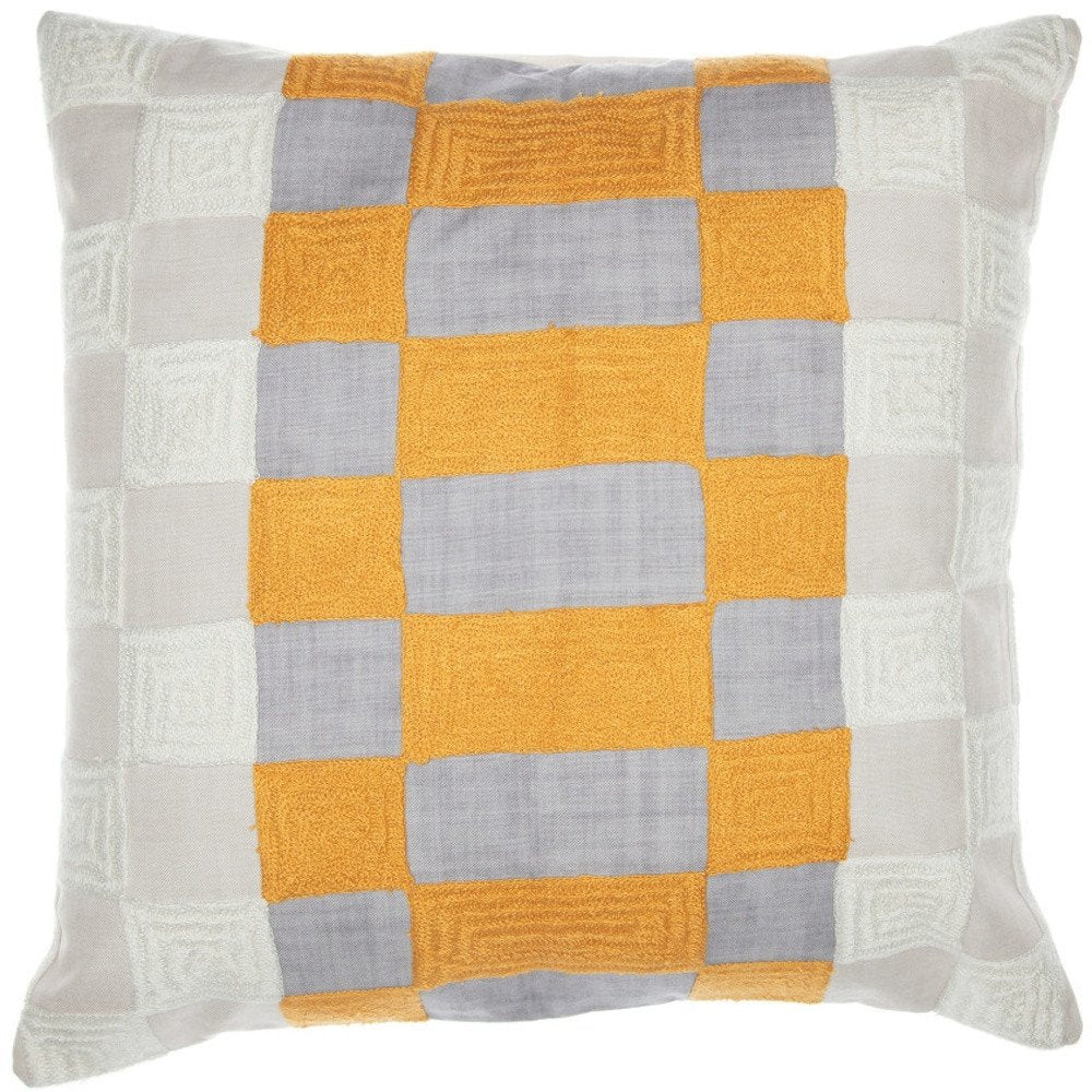 20" Yellow and Gray Check Throw Pillow With Embroidery HomeRoots