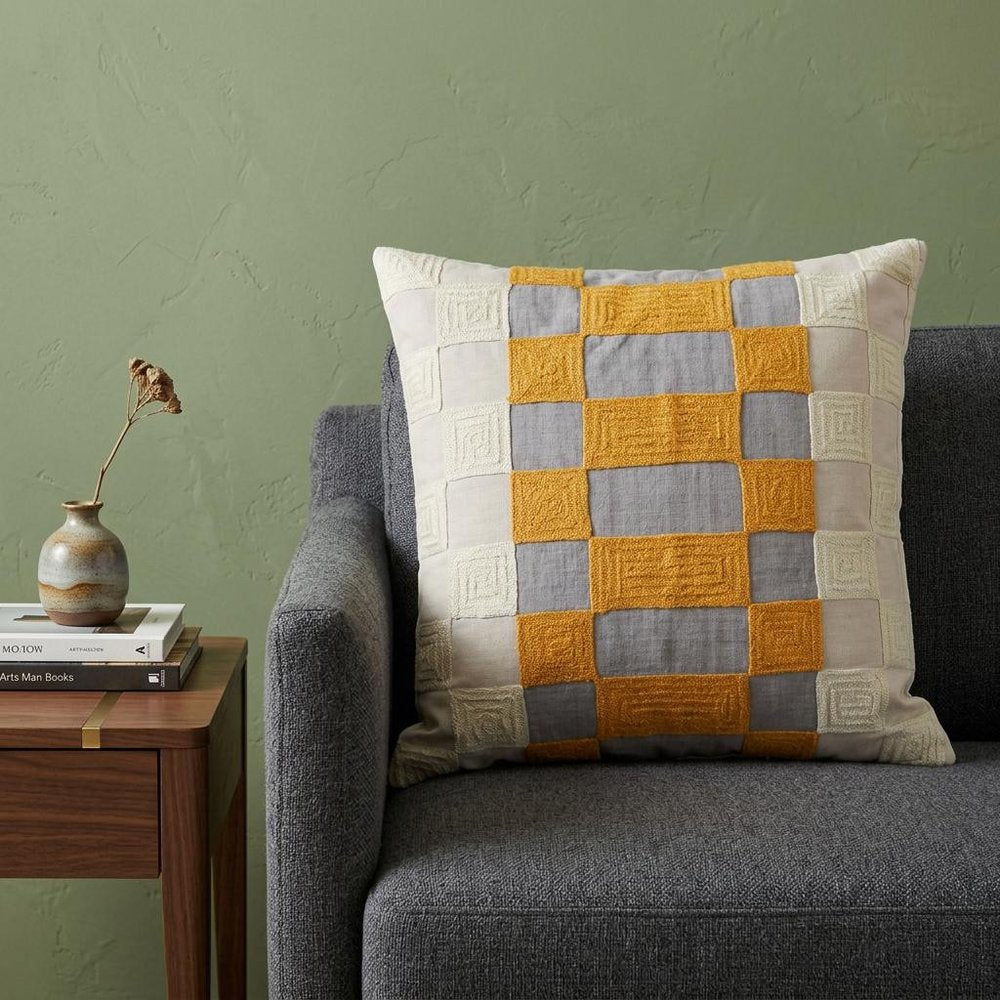 20" Yellow and Gray Check Throw Pillow With Embroidery — view 1
