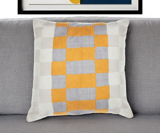 20" Yellow and Gray Check Throw Pillow With Embroidery