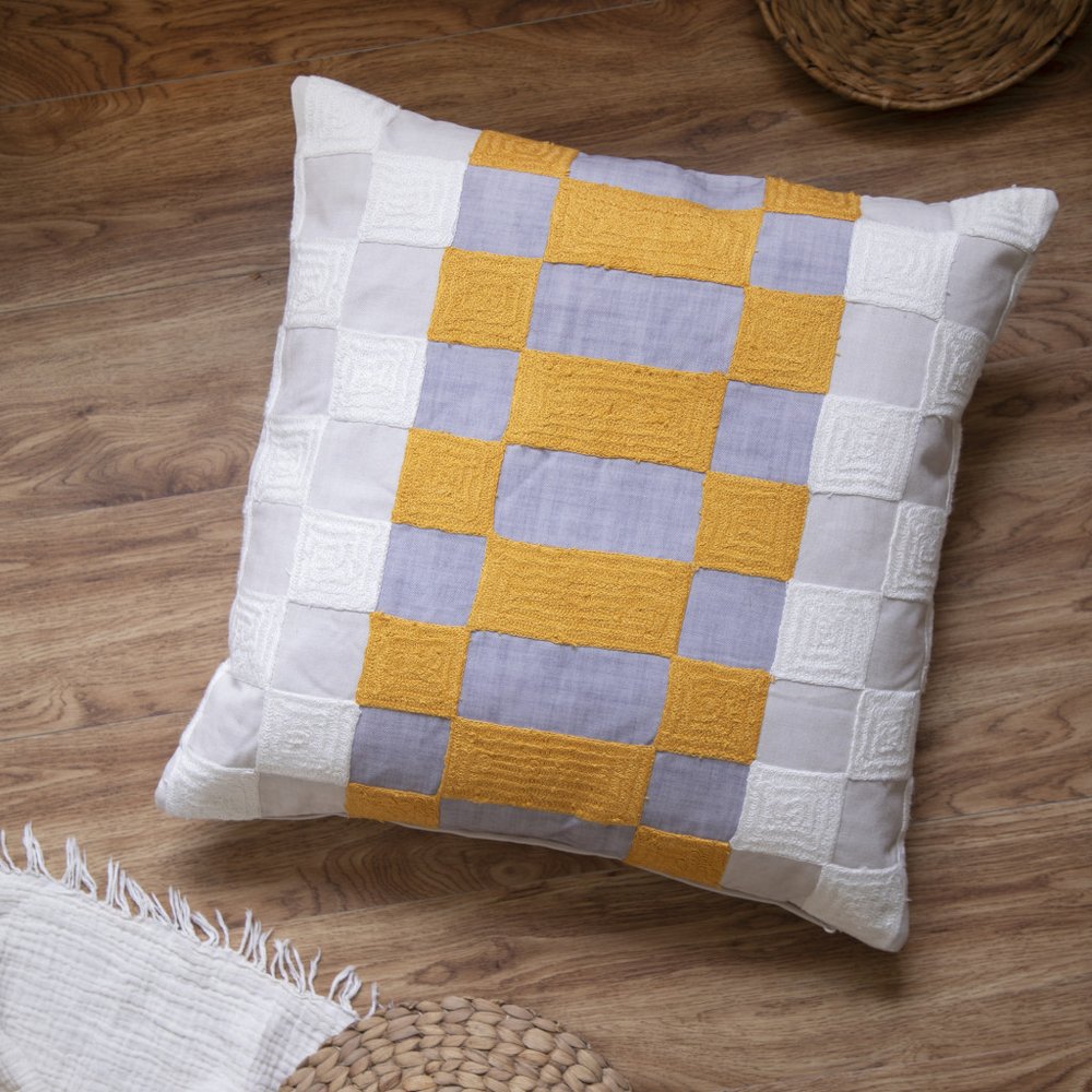20" Yellow and Gray Check Throw Pillow With Embroidery HomeRoots
