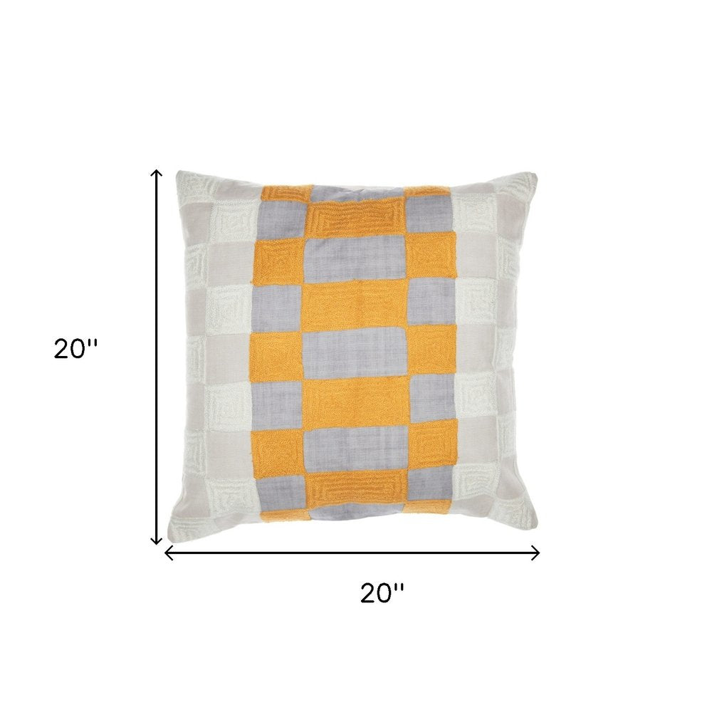 20" Yellow and Gray Check Throw Pillow With Embroidery HomeRoots