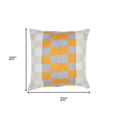 20" Yellow and Gray Check Throw Pillow With Embroidery HomeRoots