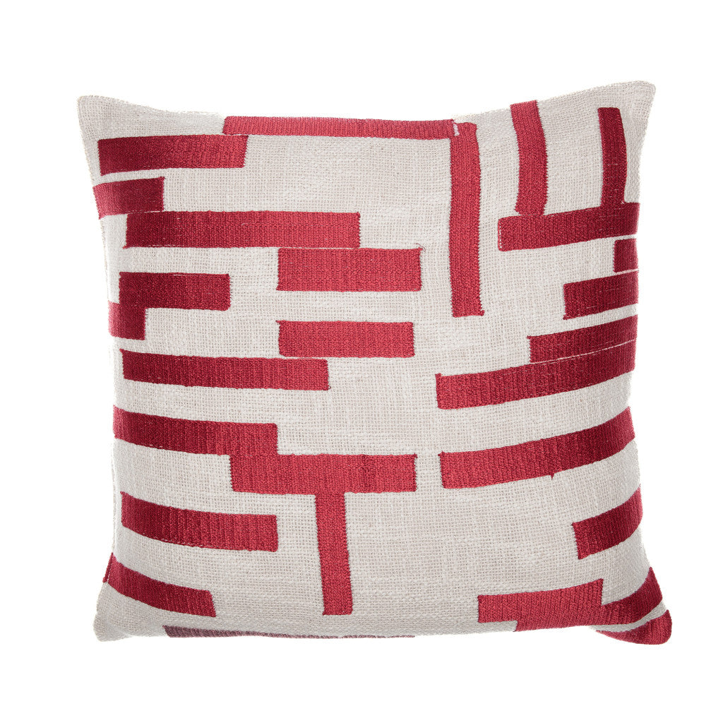 20" Red and Ivory Geometric Cotton Blend Throw Pillow With Embroidery FurniFindUSA