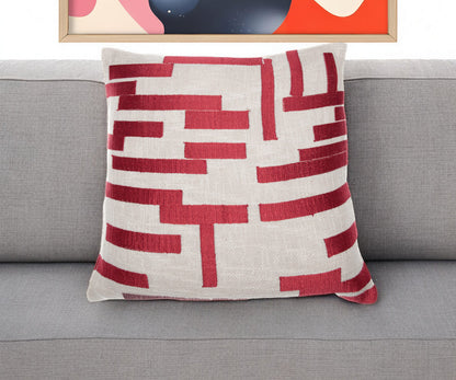 20" Red and Ivory Geometric Cotton Blend Throw Pillow With Embroidery FurniFindUSA