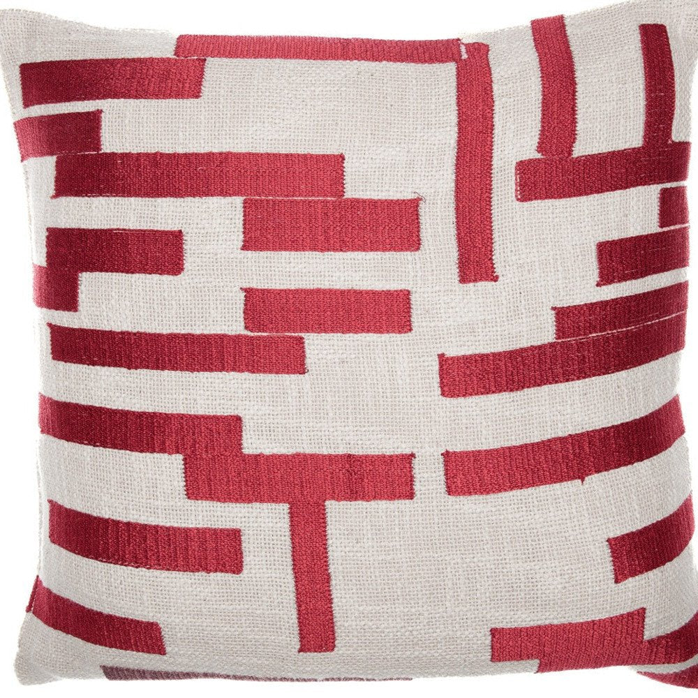 24" Red and Ivory Geometric Cotton Blend Throw Pillow With Embroidery — view 11
