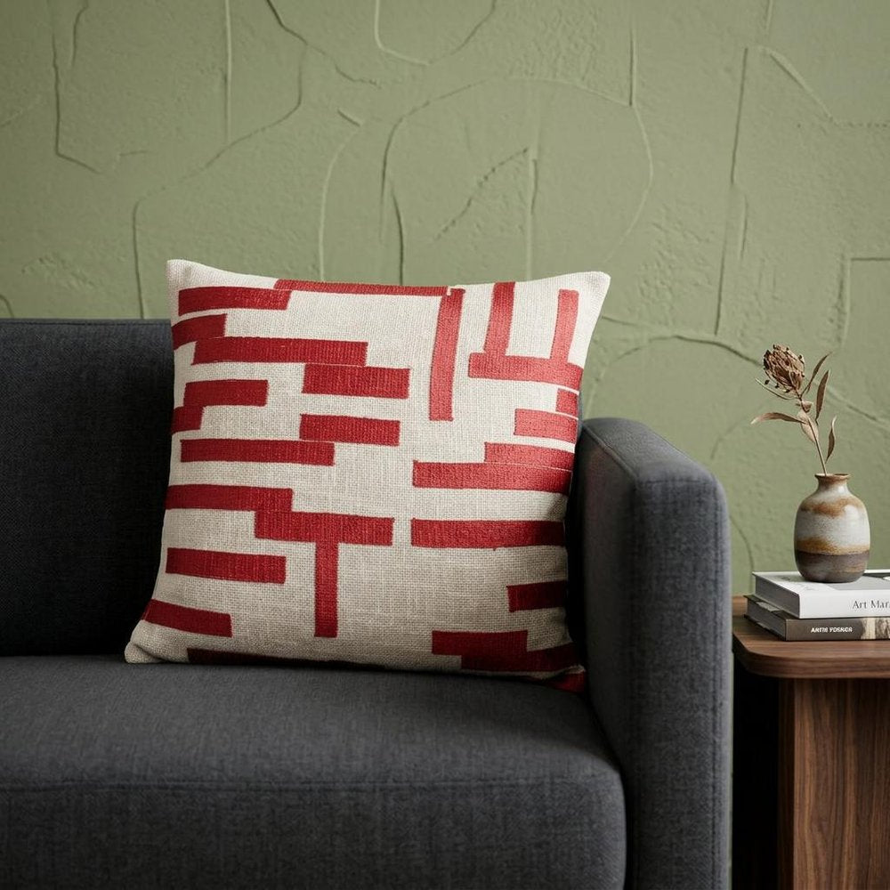 24" Red and Ivory Geometric Cotton Blend Throw Pillow With Embroidery — view 12