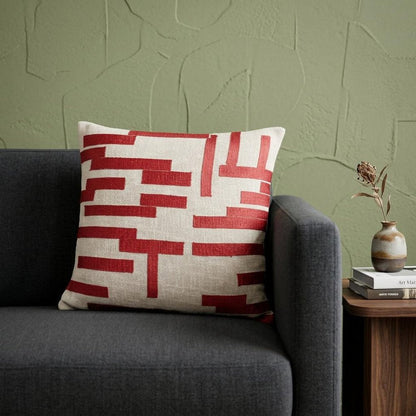 24" Red and Ivory Geometric Cotton Blend Throw Pillow With Embroidery HomeRoots