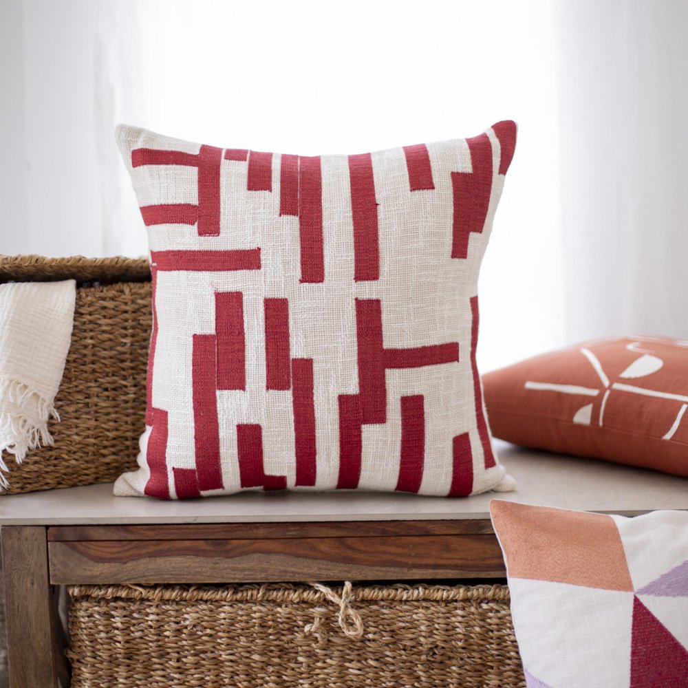 24" Red and Ivory Geometric Cotton Blend Throw Pillow With Embroidery — view 2