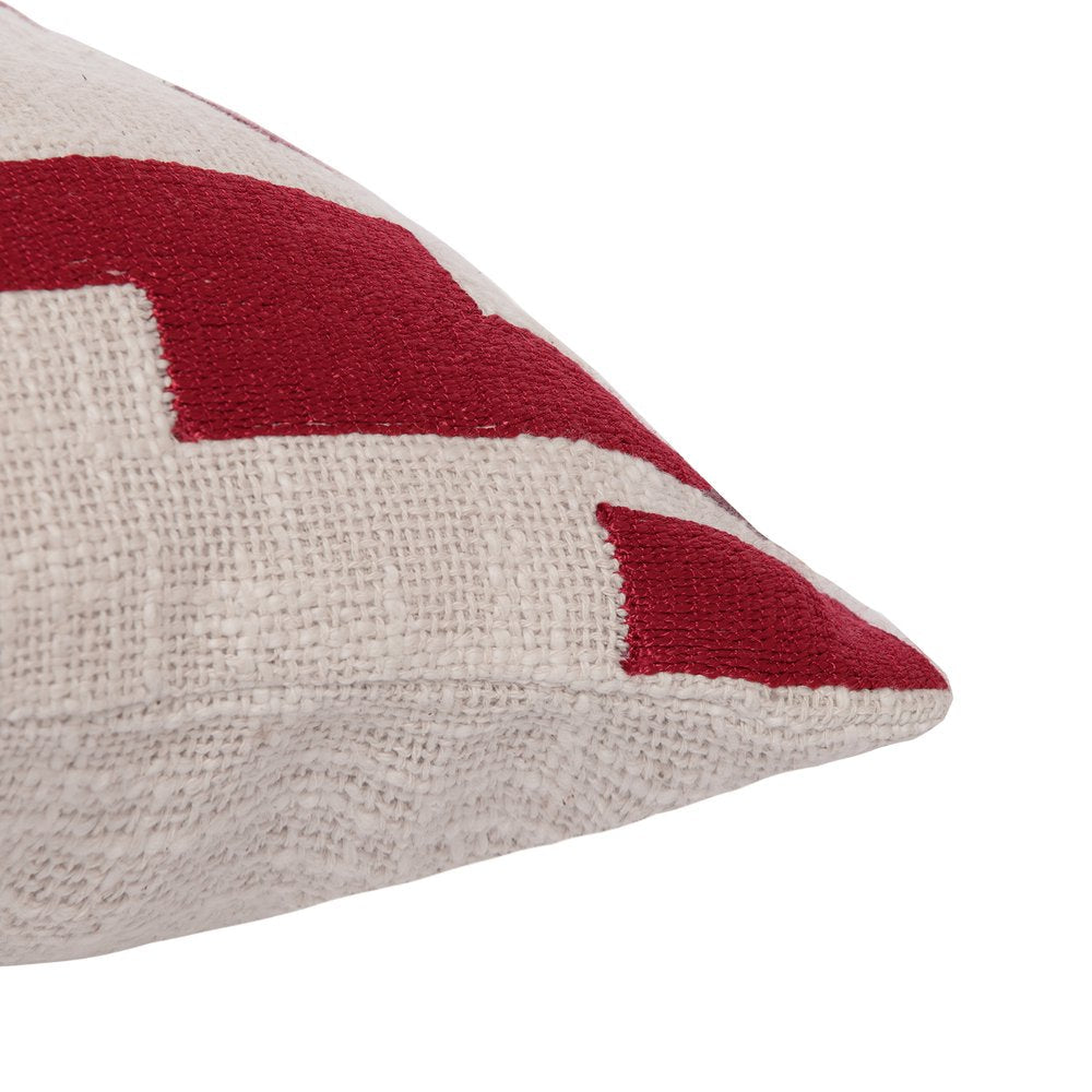 24" Red and Ivory Geometric Cotton Blend Throw Pillow With Embroidery HomeRoots