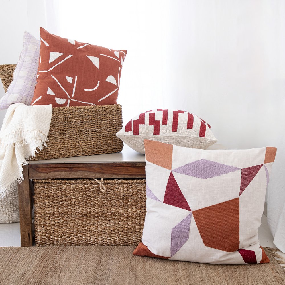 24" Red and Ivory Geometric Cotton Blend Throw Pillow With Embroidery — view 8