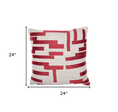 24" Red and Ivory Geometric Cotton Blend Throw Pillow With Embroidery HomeRoots