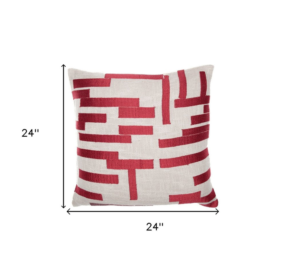 24" Red and Ivory Geometric Cotton Blend Throw Pillow With Embroidery — view 9