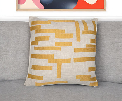 20" Yellow and Ivory Geometric Cotton Blend Throw Pillow With Embroidery FurniFindUSA
