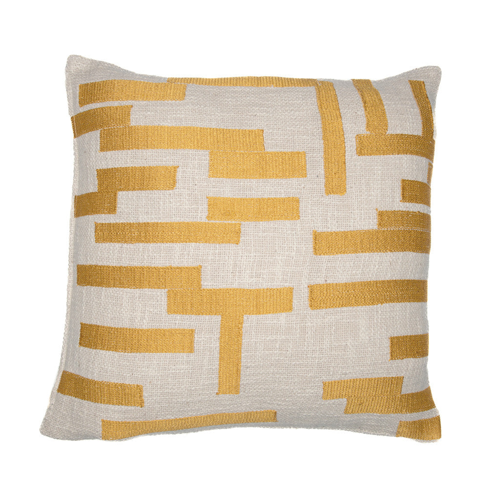 24" Yellow and Ivory Geometric Cotton Blend Throw Pillow With Embroidery