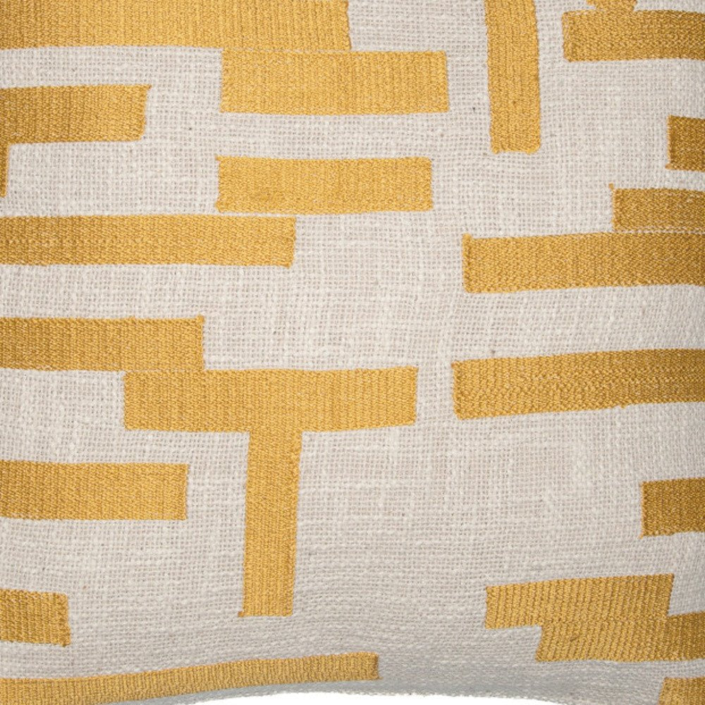 24" Yellow and Ivory Geometric Cotton Blend Throw Pillow With Embroidery HomeRoots