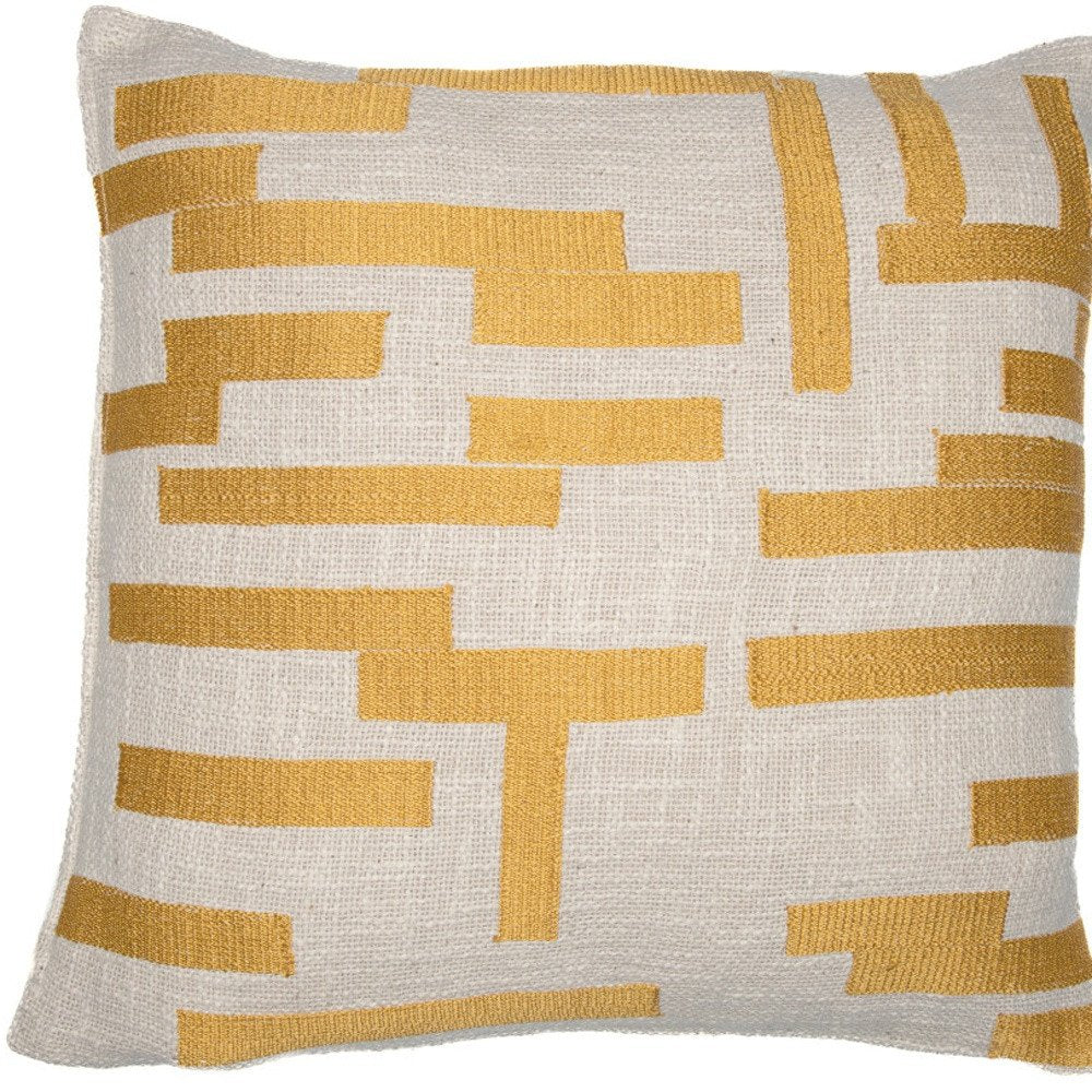 24" Yellow and Ivory Geometric Cotton Blend Throw Pillow With Embroidery