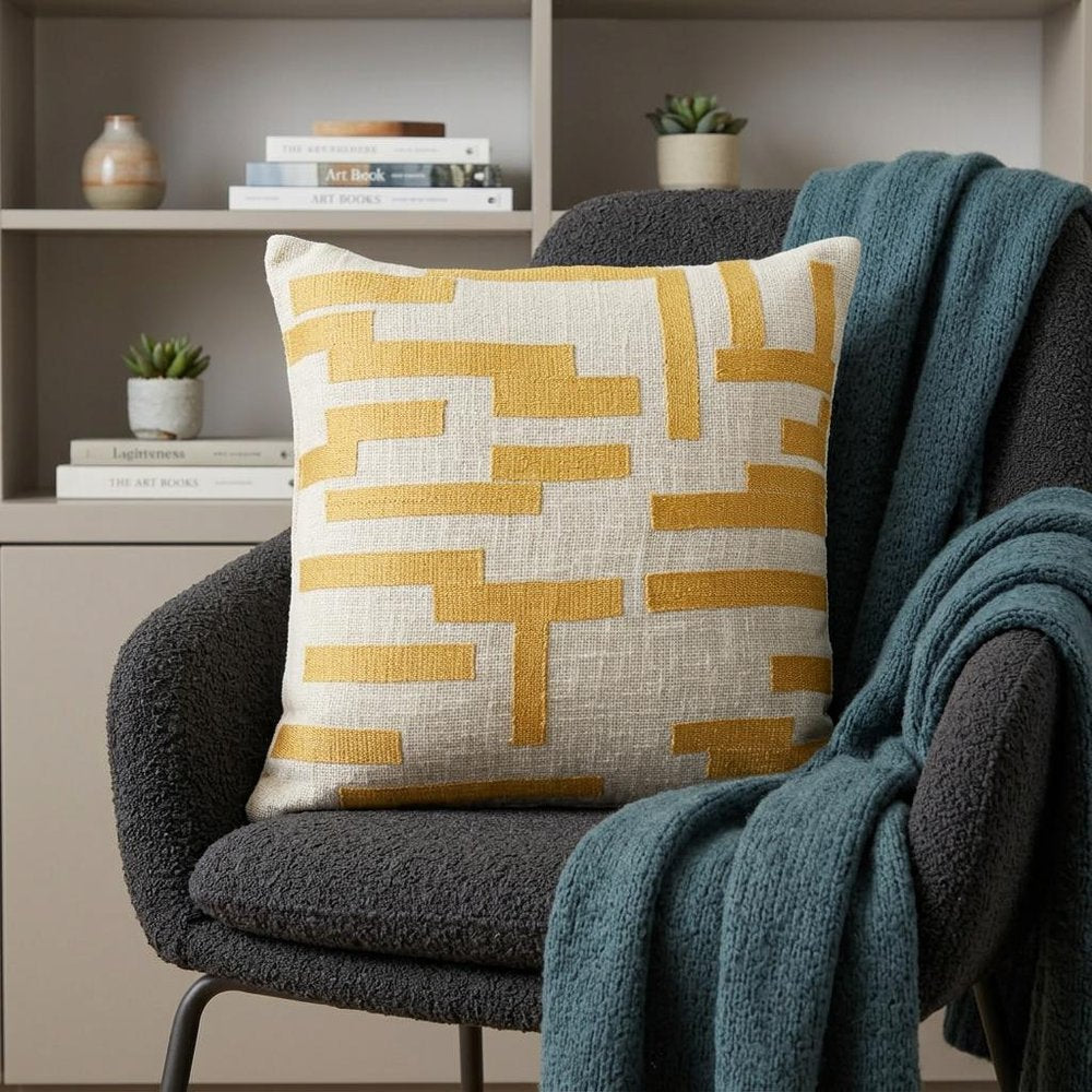 24" Yellow and Ivory Geometric Cotton Blend Throw Pillow With Embroidery — view 12