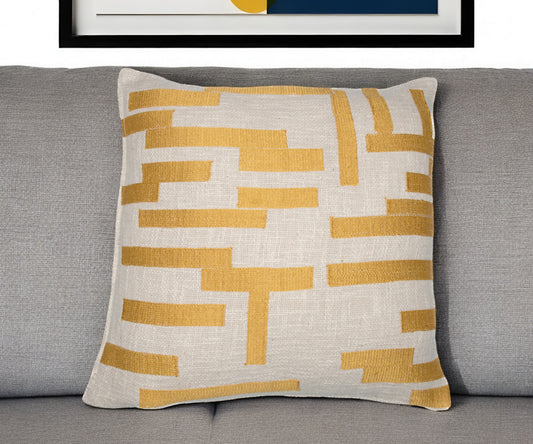 24" Yellow and Ivory Geometric Cotton Blend Throw Pillow With Embroidery