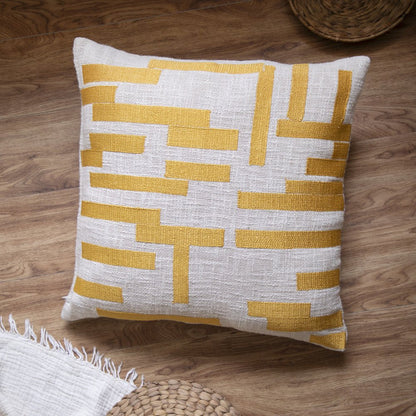 24" Yellow and Ivory Geometric Cotton Blend Throw Pillow With Embroidery HomeRoots