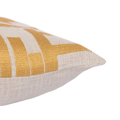24" Yellow and Ivory Geometric Cotton Blend Throw Pillow With Embroidery