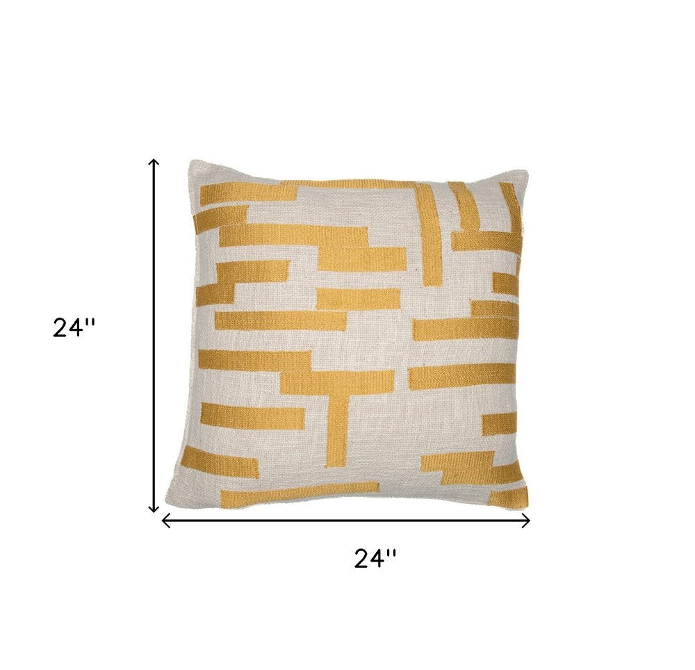 24" Yellow and Ivory Geometric Cotton Blend Throw Pillow With Embroidery — view 9