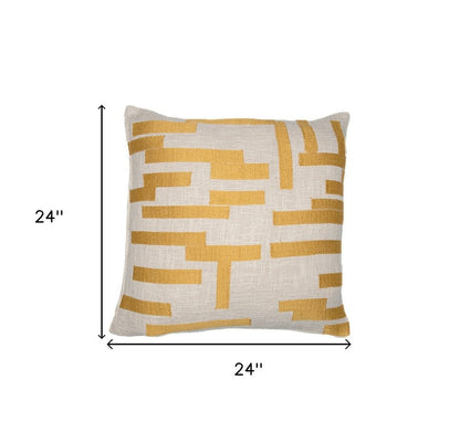 24" Yellow and Ivory Geometric Cotton Blend Throw Pillow With Embroidery