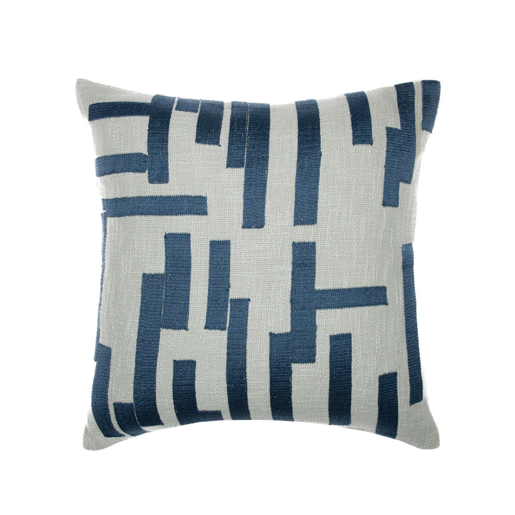 24" Blue and Ivory Geometric Cotton Blend Throw Pillow With Embroidery FurniFindUSA