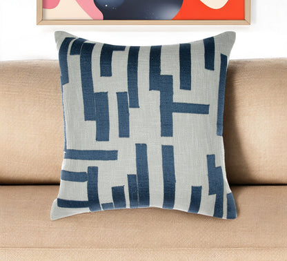 24" Blue and Ivory Geometric Cotton Blend Throw Pillow With Embroidery FurniFindUSA