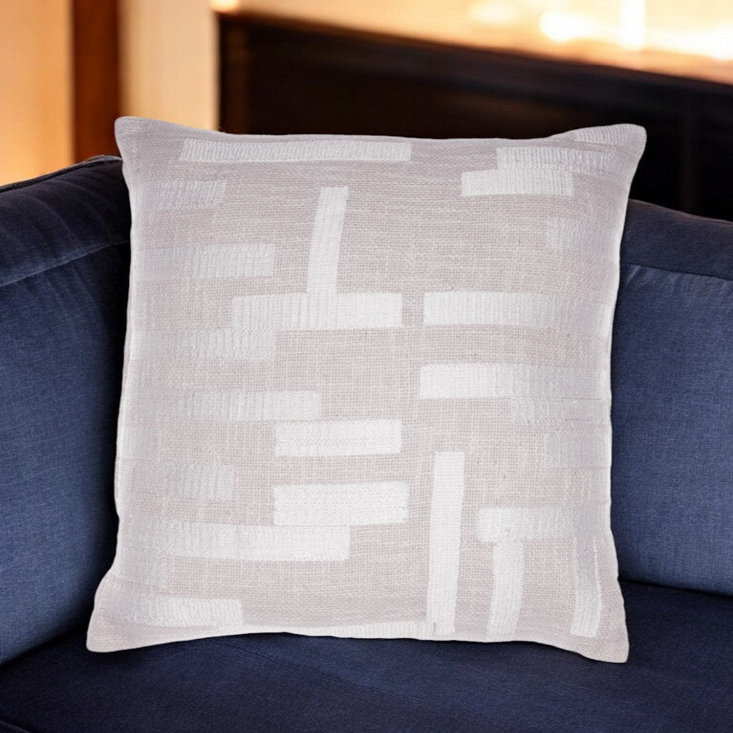 20" Ivory Geometric Cotton Blend Throw Pillow With Embroidery FurniFindUSA