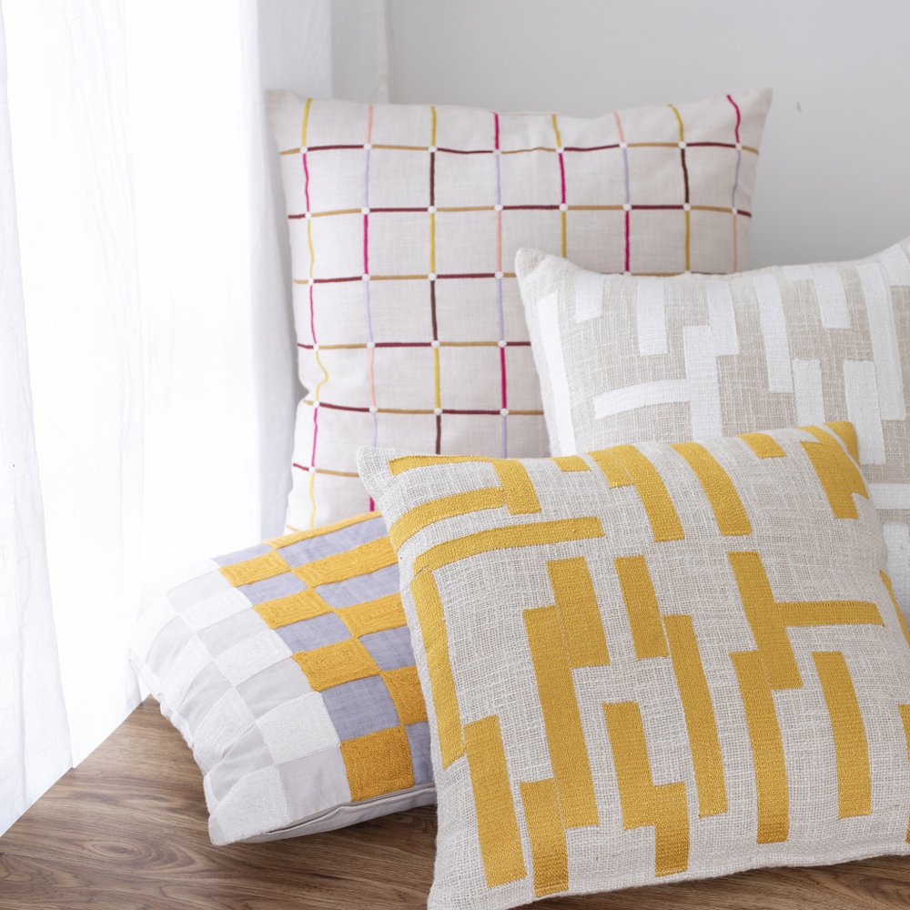 20" Ivory Geometric Cotton Blend Throw Pillow With Embroidery — view 8