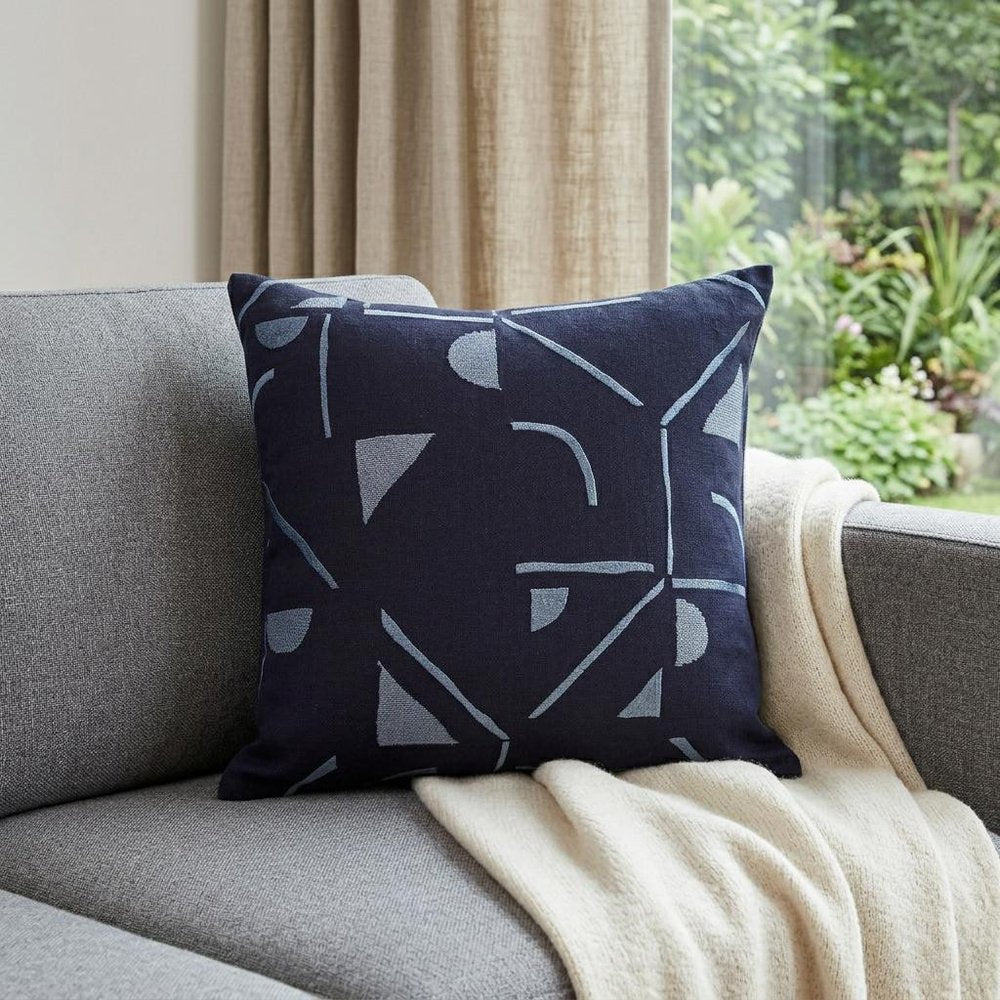20" Blue Geometric Cotton Blend Throw Pillow With Embroidery — view 4