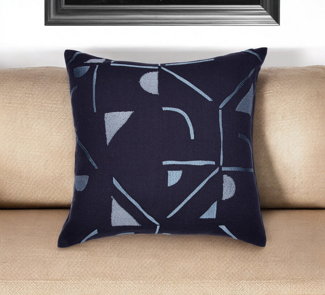20" Blue Geometric Cotton Blend Throw Pillow With Embroidery FurniFindUSA