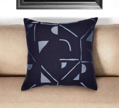 20" Blue Geometric Cotton Blend Throw Pillow With Embroidery FurniFindUSA
