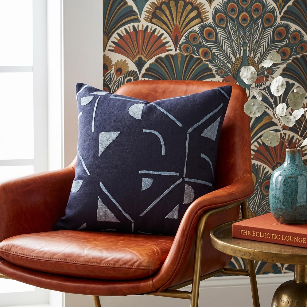 20" Blue Geometric Cotton Blend Throw Pillow With Embroidery — view 5