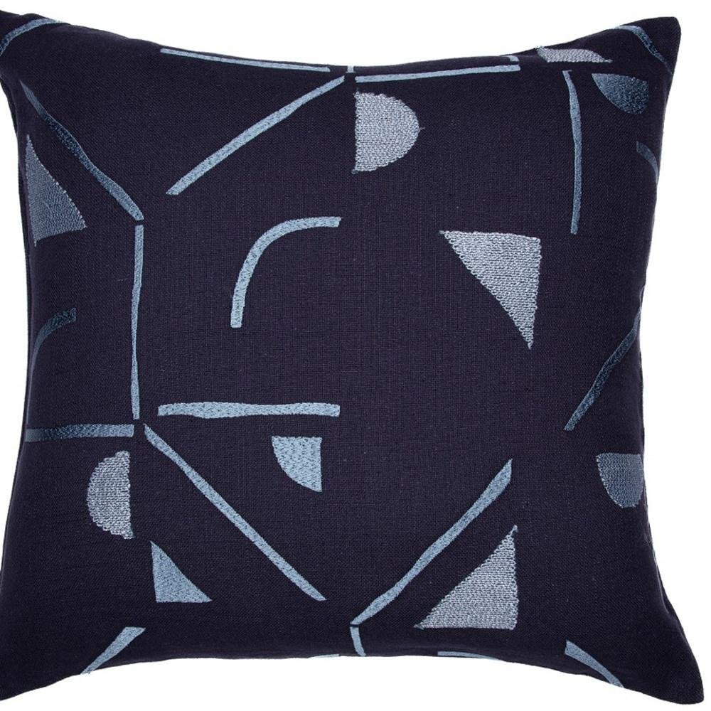 20" Blue Geometric Cotton Blend Throw Pillow With Embroidery