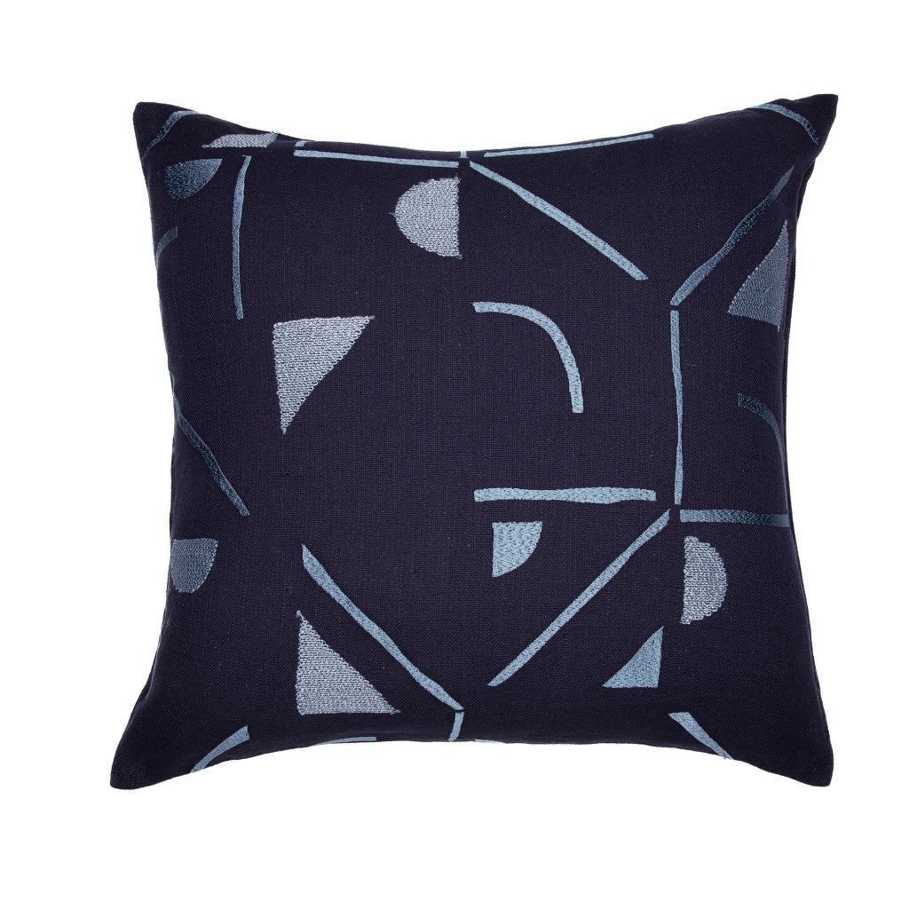 24" Blue Geometric Cotton Blend Throw Pillow With Embroidery