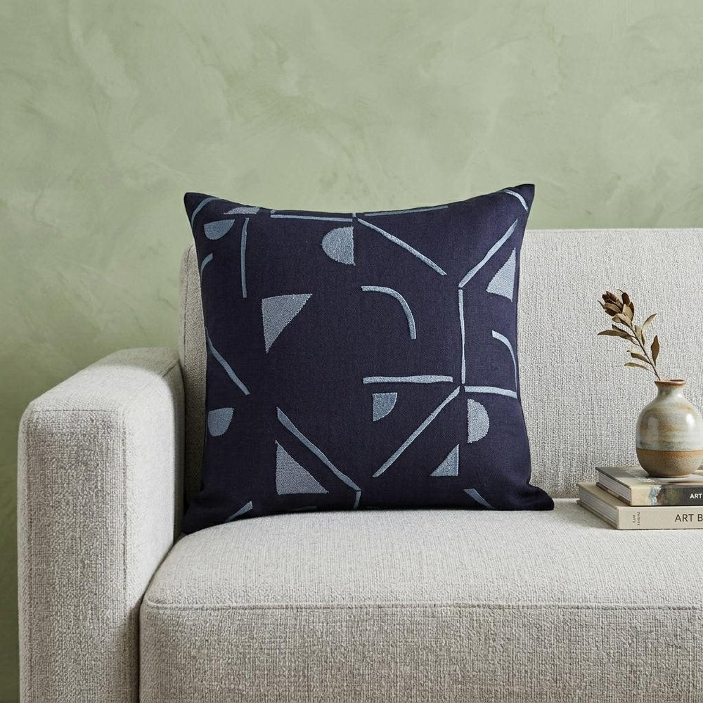 24" Blue Geometric Cotton Blend Throw Pillow With Embroidery — view 1