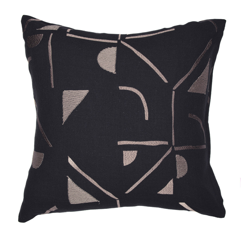 20" Beige and Black Geometric Cotton Blend Throw Pillow With Embroidery