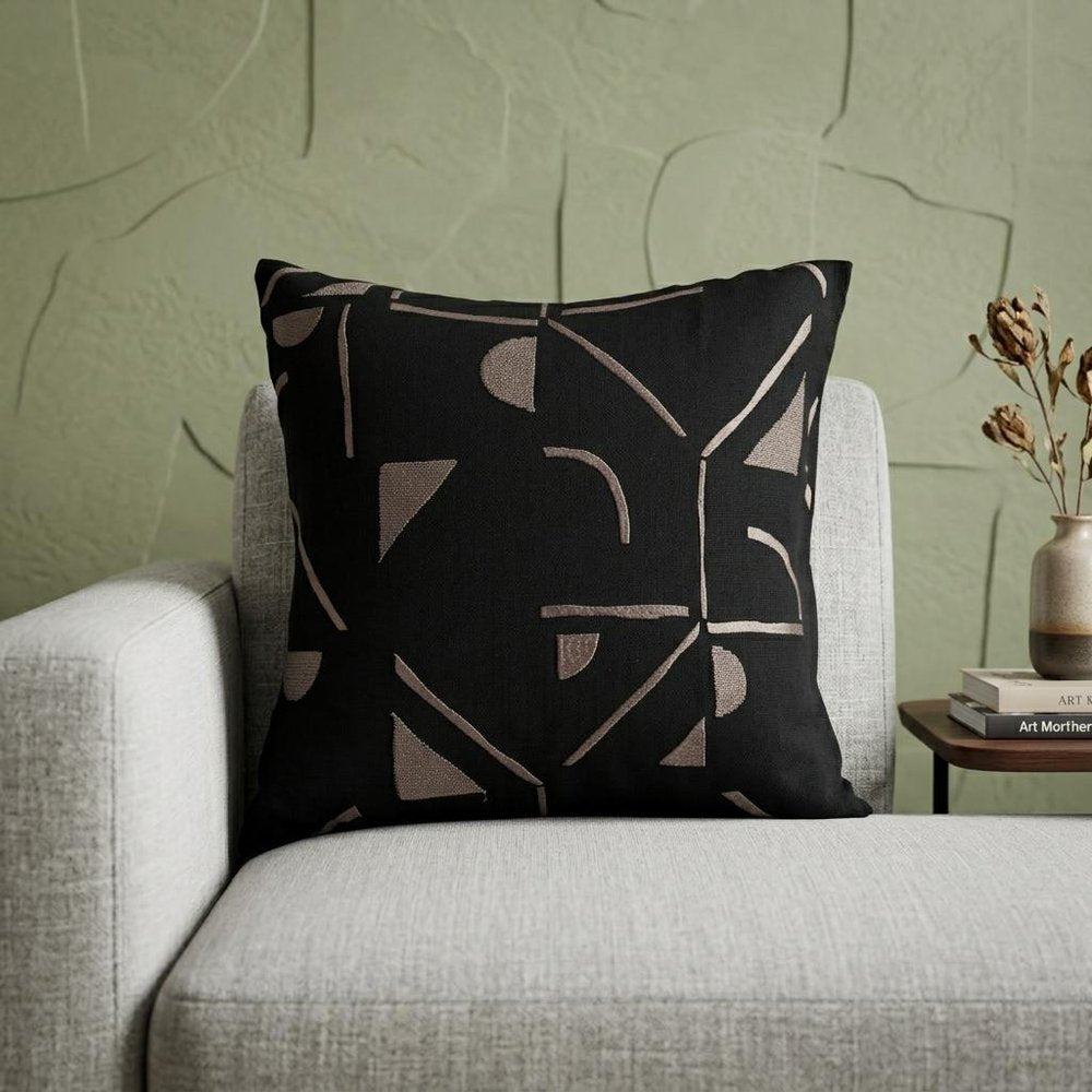 20" Beige and Black Geometric Cotton Blend Throw Pillow With Embroidery HomeRoots
