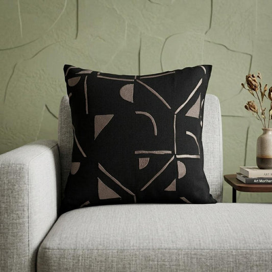 20" Beige and Black Geometric Cotton Blend Throw Pillow With Embroidery