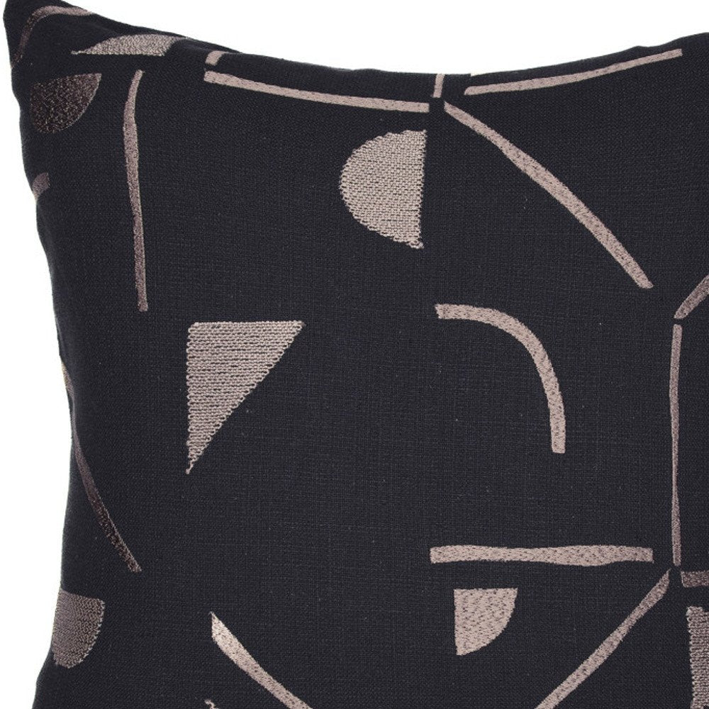24" Beige and Black Geometric Cotton Blend Throw Pillow With Embroidery HomeRoots