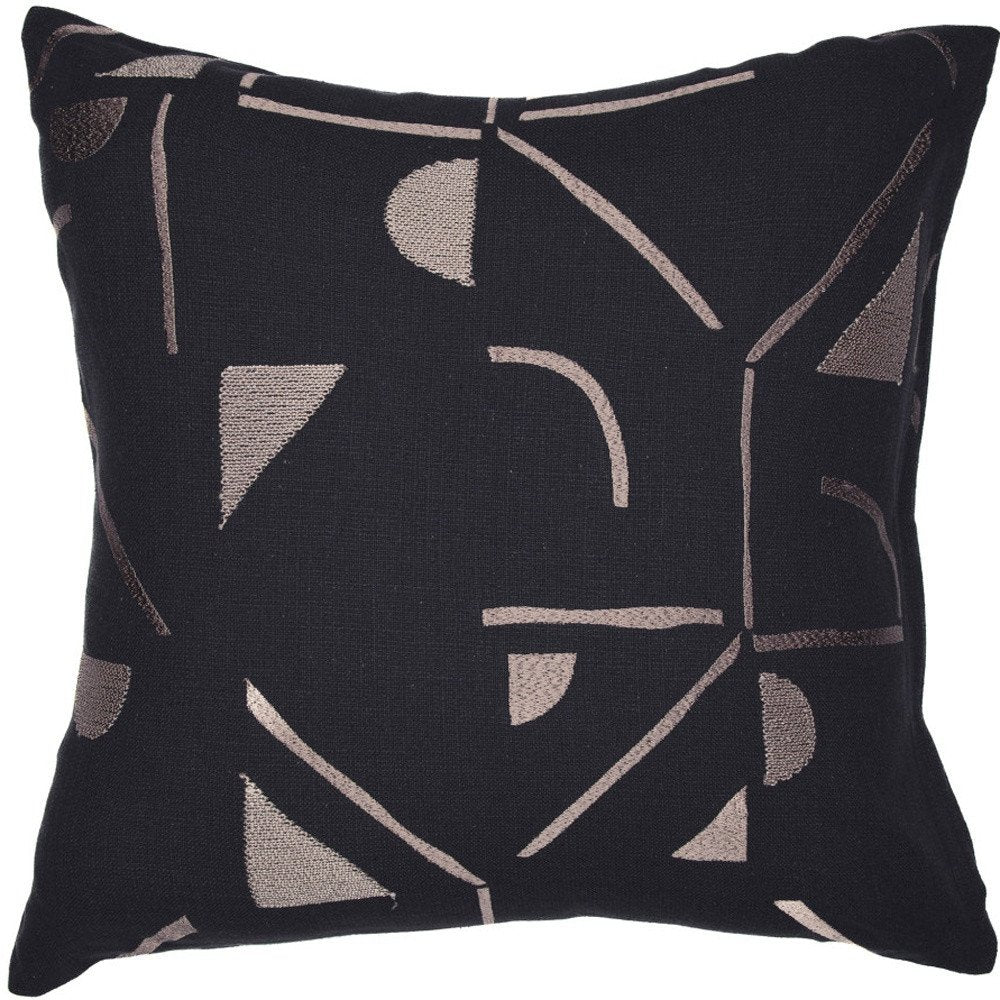 24" Beige and Black Geometric Cotton Blend Throw Pillow With Embroidery