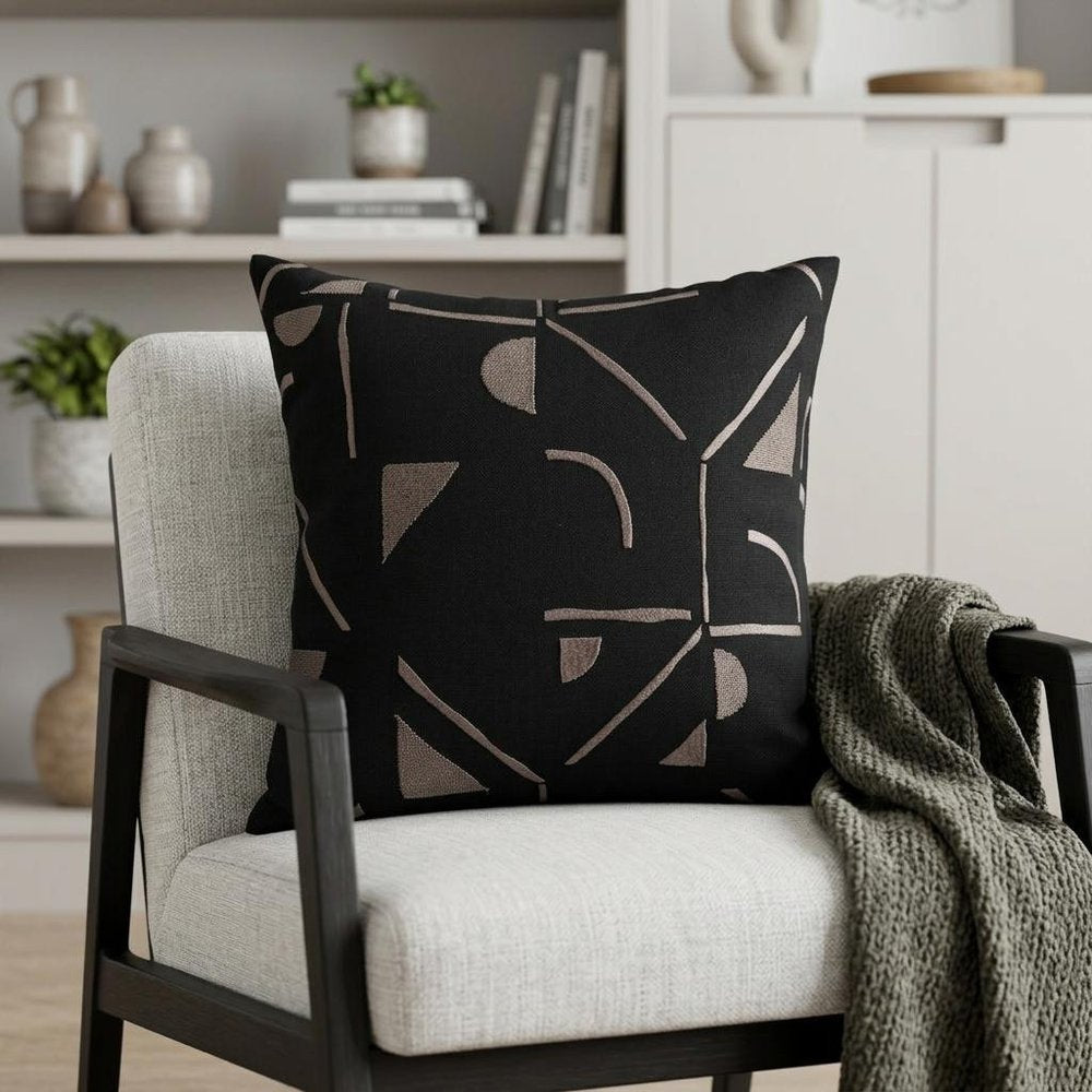 24" Beige and Black Geometric Cotton Blend Throw Pillow With Embroidery HomeRoots