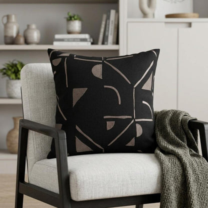 24" Beige and Black Geometric Cotton Blend Throw Pillow With Embroidery HomeRoots