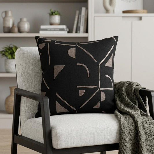 24" Beige and Black Geometric Cotton Blend Throw Pillow With Embroidery