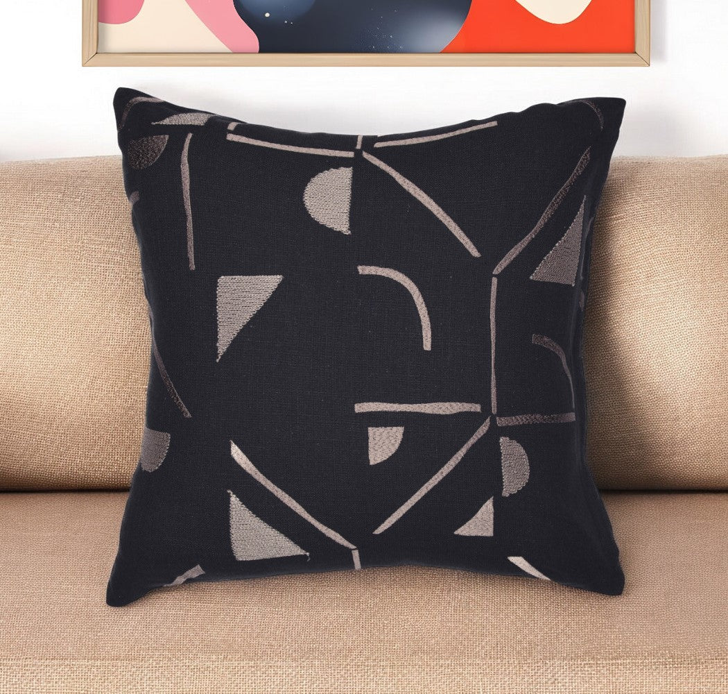 24" Beige and Black Geometric Cotton Blend Throw Pillow With Embroidery FurniFindUSA