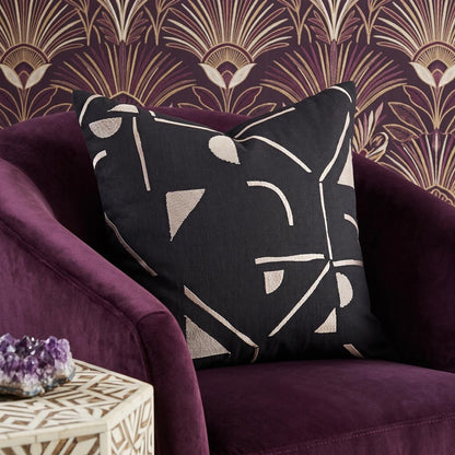 24" Beige and Black Geometric Cotton Blend Throw Pillow With Embroidery HomeRoots
